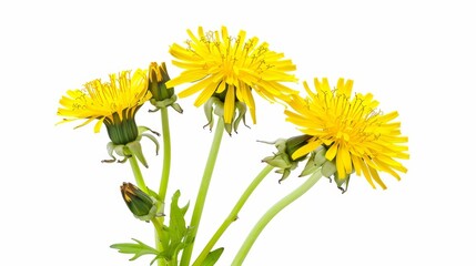 Bright yellow dandelion flowers and buds on white background