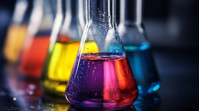 Colorful chemical flasks with liquid in laboratory scientific experiment vibrant neon laboratory science research