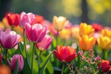 Fototapeta premium Vibrant spring flowers in full bloom, showcasing a colorful array of blossoms , wildflower, texture, bright