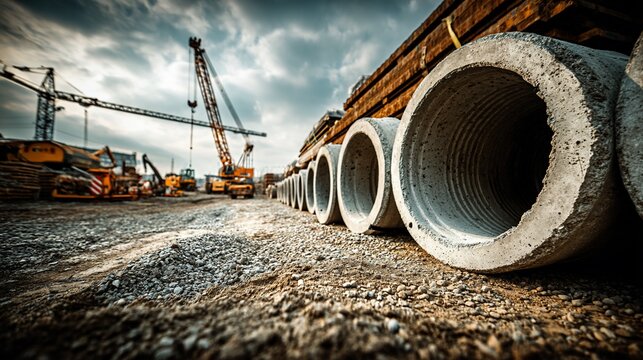 Construction site with concrete pipes