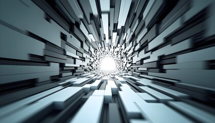 Abstract, tunnel, futuristic, corridor, perspective, motion blur, speed, light at the end, geometric, shapes, rectangles, blocks, gray, white, dark, technology, sci-fi, digital, cyberspace, data, 