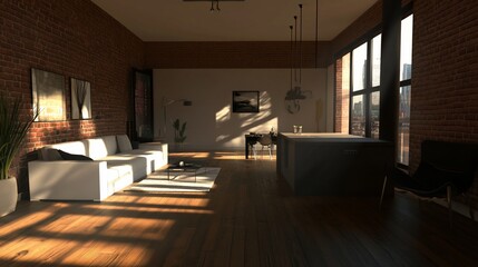 Fototapeta premium Contemporary loft apartment interior design with brick walls and natural light