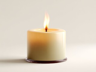 elegant scented candle with a flickering flame casting a warm glow, photorealistic, isolated on creamy off-white background