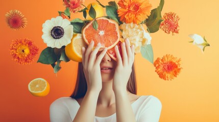 Creative portrait of woman with flowers and orange fruit surreal colorful fantasy joyful expression