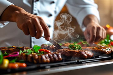 a chef cooking food on a pan