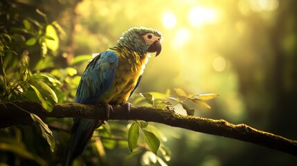 Obraz premium Colorful parrot perched on tree branch tropical forest sunlight wildlife bird nature exotic feathers
