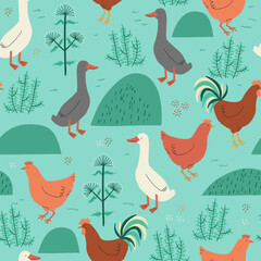 Seamless vector pattern featuring various farm birds such as chickens, ducks, and roosters on a green background with plants. Perfect for textile, packaging, and kids' products.