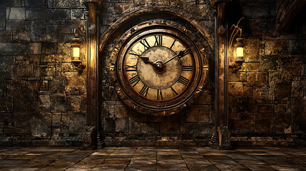A clock with roman numerals on a wall in a dark room