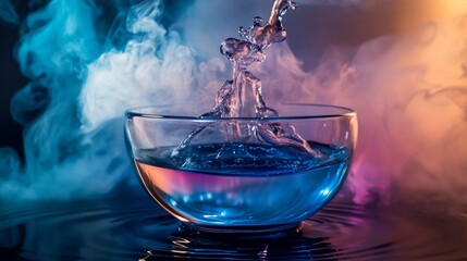 High speed blue liquid splash photography in glass bowl surrounded by smoke and colored lights