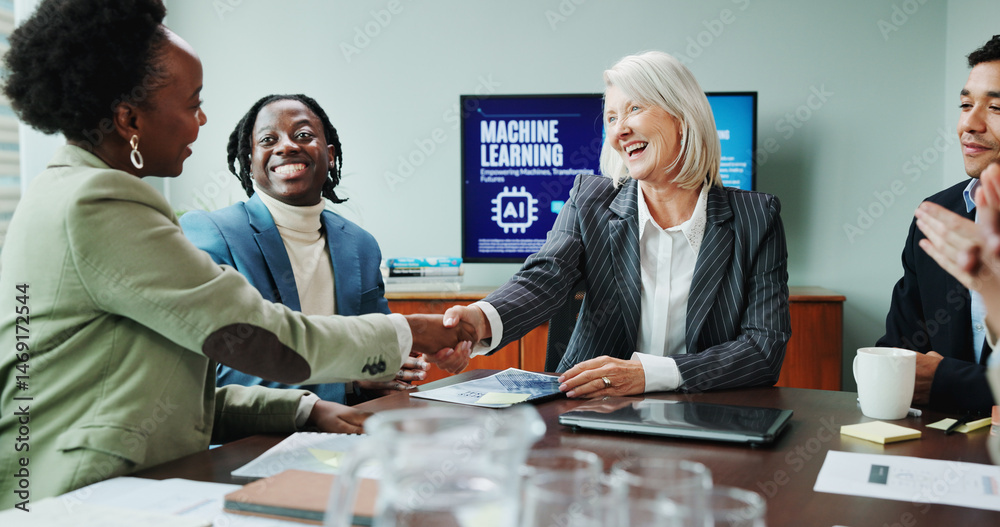 Aufkleber business, people and shaking hands in presentation for success of machine learning contract, offer a