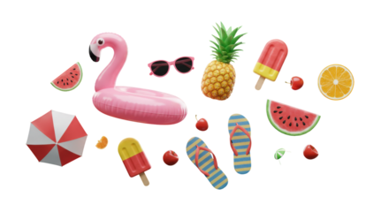 Colorful summer vacation items in a playful composition. isolated on transparent png