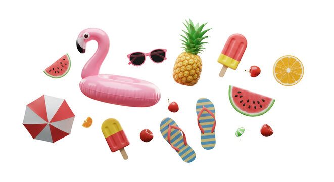 Colorful summer vacation items in a playful composition. isolated on transparent png