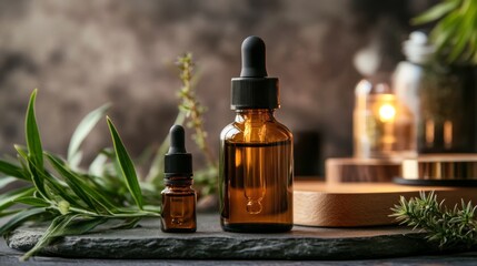 Glass dropper bottles and herbs in spa setting with soft light wellness skincare essential oils