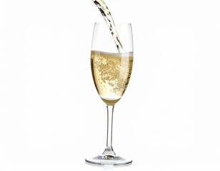 Pouring champagne into a glass over white background