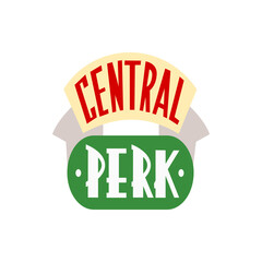 Central perk logo with red central text on a cream arch and white perk text on a green oval shape