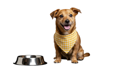 A cheerful canine companion seated awaiting food. isolated on transparent png