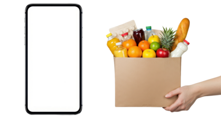Grocery delivery concept with empty smartphone display. isolated on transparent png