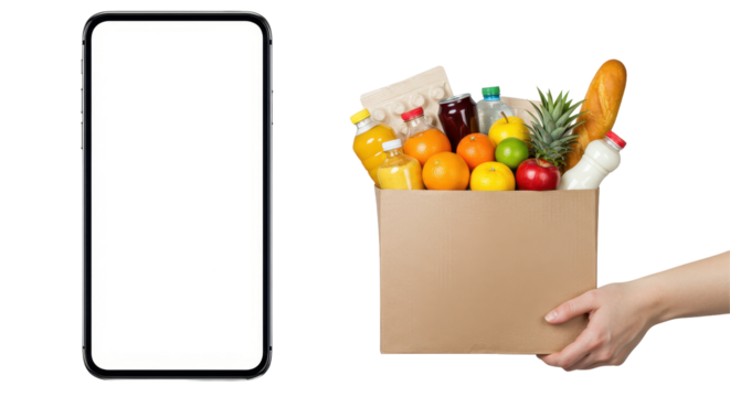 Grocery delivery concept with empty smartphone display. isolated on transparent png
