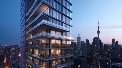 Obraz premium Elegant Condominium Building with Toronto City Skyline Backdrop at Dusk