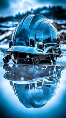 High-contrast image of a safety helmet placed on a smooth white surface, with light reflections and sharp edges emphasizing its clean and functional appearance