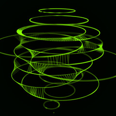 Green futuristic 3d sphere with circles and lines. Abstract global structure with distorted shape of ball. Big data visualization. 3D rendering.