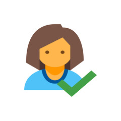 Illustration of a woman with short brown hair and a blue shirt with a green check mark next to her 100