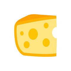 Illustration of a block of cheese with yellow color and holes on a white background in cartoon style