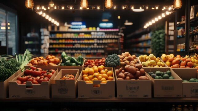 Interior view of a grocery store produce section. - Powered by Adobe
