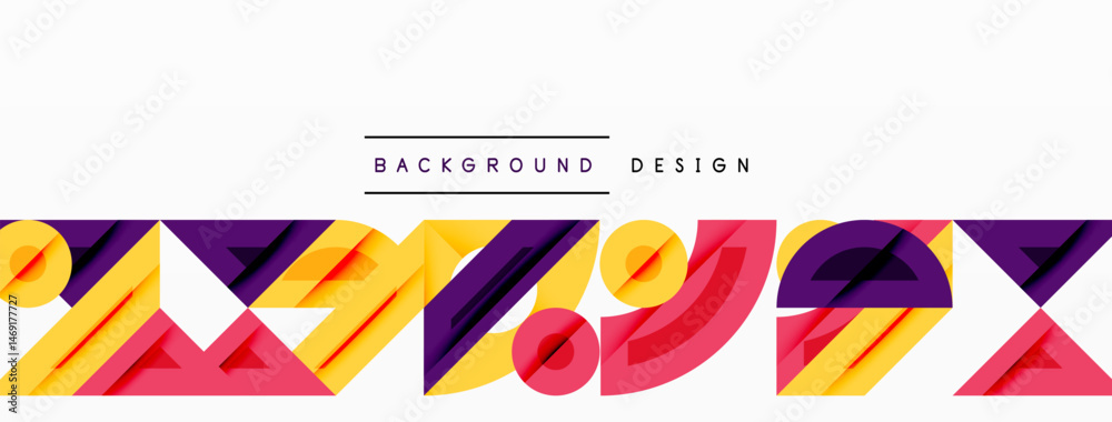 Poster abstract geometric shapes overlap, creating vibrant colorful design. background features bold lines,