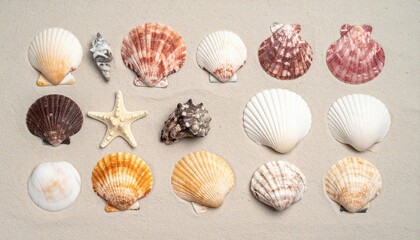 Shell collection display coastal beach natural objects sandy environment top-down view marine life aesthetics