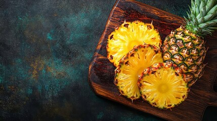 Grilled pineapple slices arranged on a wooden board.