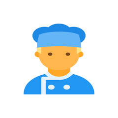 Illustration of a chef with blonde hair wearing a blue chef hat and uniform with white accents and buttons
