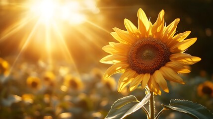 Fototapeta premium Sunflower in Golden Sunset Glow, A vibrant sunflower basking in the warm glow of a golden sunset, with a blurred background