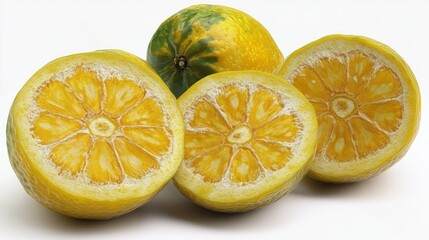 Close-up view of multiple sliced citrus fruits.