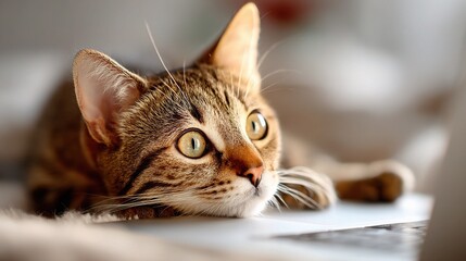 Cute Tabby Cat Curiously Staring at Laptop Screen While Working
