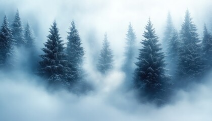 Misty mountain forest in winter