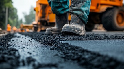 Road construction crew worker's boots standing on fresh asphalt surface.