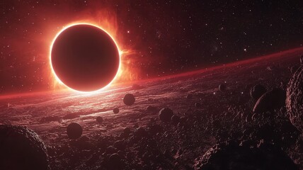 Obraz premium Dramatic Cosmic Eclipse Over Alien Planet with Asteroids planet eclipse dramatic cosmic space cosmos