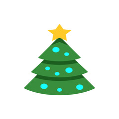 Illustration of a christmas tree with three green layers and blue ornaments topped with a yellow star shape