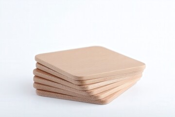Stack of square wooden coasters on a white background
