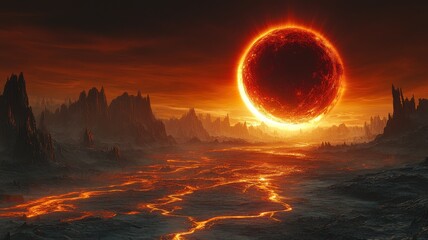 Apocalyptic Alien Landscape with Giant Fiery Sun and Lava River sun fiery landscape apocalypse sky