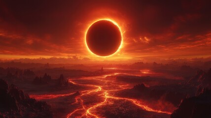 Apocalyptic Fiery Eclipse Over Alien Landscape with Lava River eclipse fiery lava landscape sun dark