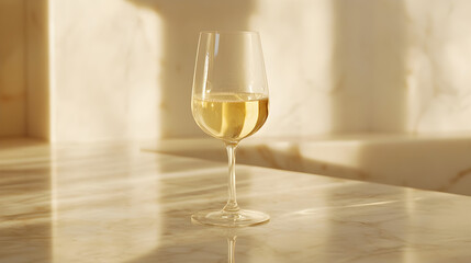 Golden Wine Glass: A close-up shot of a crystal wine glass, filled with golden-hued wine, gracefully positioned on a marble surface, bathed in the soft embrace of natural light.