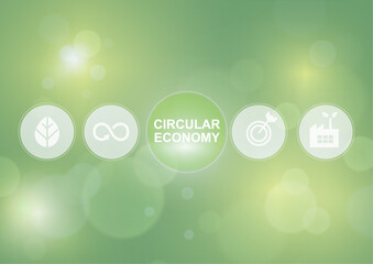 Circular Economy Concept Icons on Green Bokeh Background. Circular economy principles with white outlined icons. Circular business model. Circular economy concept. Vector illustration