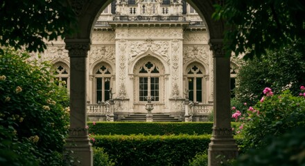 Obraz premium Ornate mansion viewed through a garden archway. Lush greenery surrounds the structure
