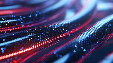 Cybernetic Threads: A mesmerizing close-up showcases a network of sleek, metallic threads, interwoven with radiant light, evoking the essence of technological interconnectedness. 