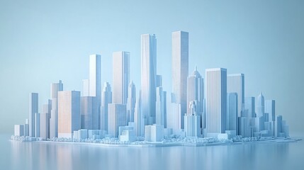 Obraz premium Minimalist 3D render of a light blue city skyline featuring various buildings, and trees on a blue surface