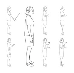 Woman Pointing and Talking in Side View - Outline Vector Illustration for Education, and Presentation.