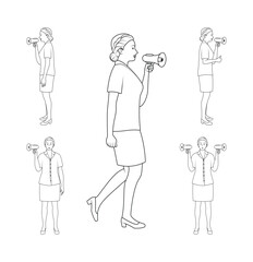 Woman with Megaphone in Side View - Outline Vector Illustration for Announcement and Campaign Concept.