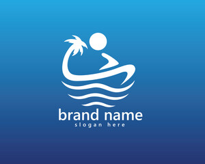 creative jet ski and speed boat logo, abstract jet ski blending with palm trees and waves below with sea background, logo design template